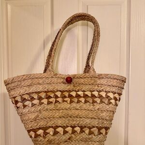 Tan Woven Tote Bag with Geometric Patterns